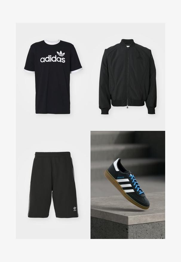 Čierna bomber bunda Adidas s predným zipsom, rebrovým golierom, manžetami, spodným lemom a malou zipsovou kapsou na ľavom rukáve.; Čierne bavlnené tričko s bielym okrúhlym výstrihom a bielymi manžetami na rukávoch. Na prednej strane sa nachádza veľké biele logo "adidas" a emblém trojlístka.; Čierne šortky vyrobené z kombinácie bavlny s elastickým pásom, s bielymi bočnými prúžkami a malým logom v dolnom ľavom rohu.; Čierna teniska Adidas s bielymi pruhmi, modrými šnúrkami a gumovou podrážkou, ktorá sa vznáša nad sivým betónovým schodom v mäkkom svetle.