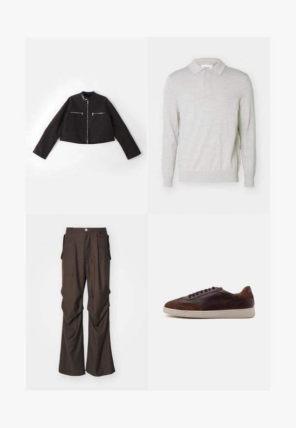 Zwarte cropped jas van een gestructureerde stof, met zilveren ritsen op de voorzakken, een ronde kraag en lange mouwen.; NN.07 EMERSON - Poloshirt - white pepper; Bruine op maat gemaakte broeken met een ruime pijpdesign, voorzien van zijzakken en een knoopsluiting aan de voorkant. Gladde stof met subtiele plooien.; Lage bruine leren en suède sneaker met donkerbruine veters en een witte rubberen zool, gezien vanaf de buitenkant.