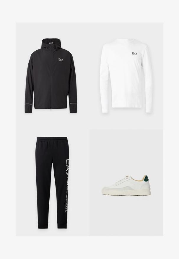 Schwarze Kapuzenjacke mit Reißverschluss, EA7 Emporio Armani Logo auf der Brust und reflektierenden Streifen an den Ärmelsäumen.; Weißes Langarm-T-Shirt aus Baumwolle mit kleinem schwarzem EA7-Logo auf der linken Brust. Einfaches Design mit Rundhalsausschnitt.; Schwarze Sweatpants aus Baumwollmischung mit elastischem Taillenbund, schmal zulaufenden Beinen, gerippten Bündchen und weißem Logo-Druck entlang der Seite.; Weiße Sneaker mit Wildlederelementen, runder Zehenpartie, flachen Schnürsenkeln und einer cremefarbenen Gummisohle. Mit grünen Markenlogo am Fersenbereich.