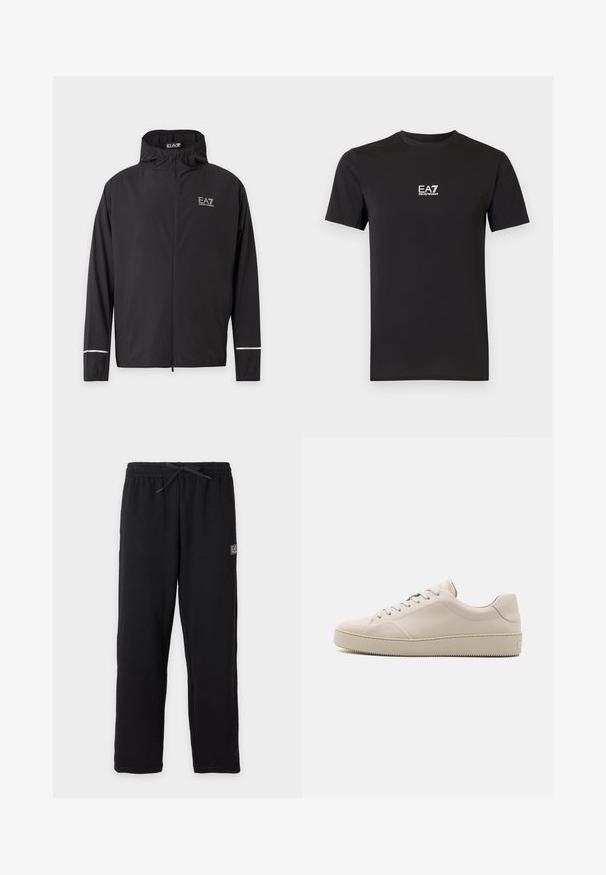 Chaqueta negra con capucha y cremallera con el logo EA7 Emporio Armani en el pecho y franjas reflectantes cerca de los puños de las mangas.; Camiseta negra de manga corta hecha de tela suave, con un pequeño logo blanco de EA7 Emporio Armani en el pecho. Cuello redondo clásico.; Pantalones deportivos negros con cintura elástica y cordón, con un pequeño parche rectangular con el logo EA7 en la parte superior del muslo izquierdo.; Zapatillas de cuero beige con un acabado suave, punta redondeada, suela plana y un diseño clásico de cordones. Detalles sutiles de costura y suela texturizada.