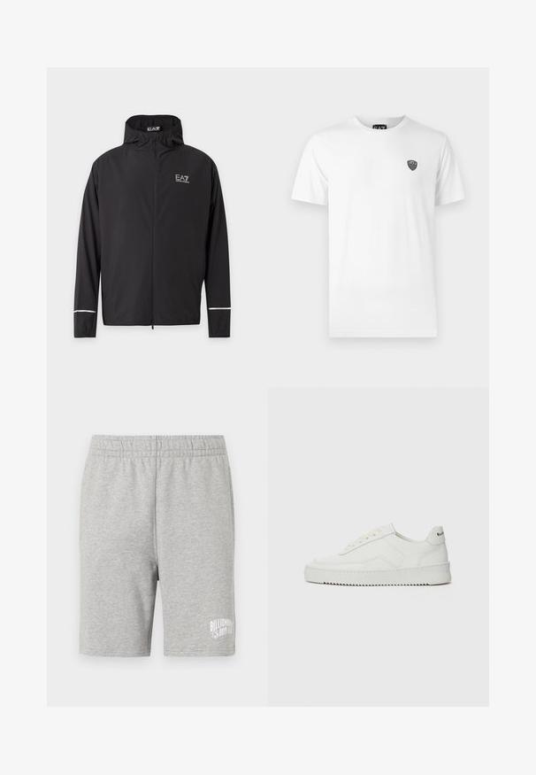 Must kapuutsiga lukuga jope EA7 Emporio Armani logoga rinnal ja helkivate triipudega varrukaäärte lähedal.; Valge puuvillane T-särk lühikeste varrukatega, millel on vasakul rinnal väike must logo. Klassikaline ümara kaelusega disain.; Hallid puuvillased lühikesed püksid elastse vöökoha ja valge logoga alumises paremas servas. Pehme tekstuur, põlve pikkune disain.; Valge nahast tennis, millel on sile põhi, ümar varvas, lamedad nöörid ja tekstuuriline tall. Sisaldab diskreetset logo kontsaribal.