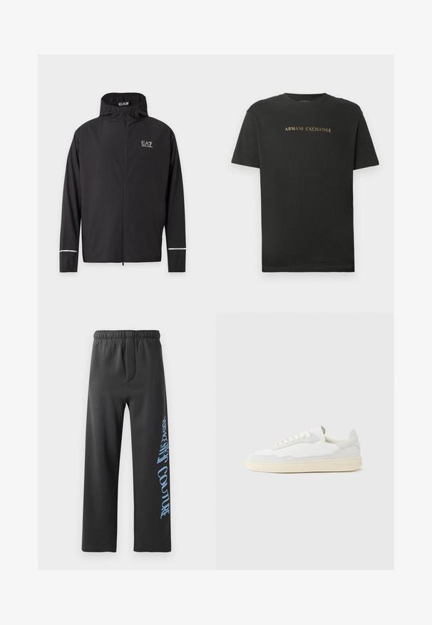 Zwarte capuchonjas met rits en EA7 Emporio Armani-logo op de borst, met reflecterende strepen nabij de manchetten.; Zwarte korte mouwen t-shirt met ronde hals, met "ARMANI EXCHANGE" in gouden letters op de borst gedrukt.; Zwarte joggingsbroek van zachte stof, met een ruime pasvorm en een elastische tailleband. Opvallende blauwe bedrukte tekst langs de zijkant.; Witte sneaker met een bovenwerk van gestructureerd suède en leer. Voorzien van een afgeronde neus, vetersluiting en een contrasterende beige rubberen zool.