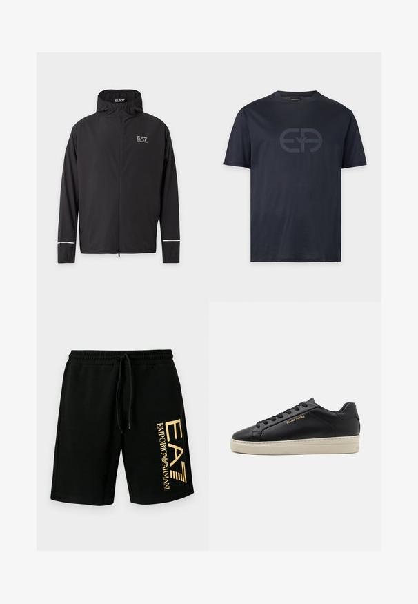 Veste noire à capuche avec fermeture éclair, logo EA7 Emporio Armani sur la poitrine et bandes réfléchissantes près des poignets.; T-shirt bleu marine foncé à manches courtes, col rond, avec un grand logo discret imprimé au centre devant.; Shorts en coton noirs avec une taille élastique et un cordon de serrage. Présentent un logo doré imprimé sur le côté gauche. Texture lisse.; Sneaker en cuir noir avec une finition lisse, semelle crème contrastante, bout arrondi, logo doré sur le côté et six œillets pour les lacets.