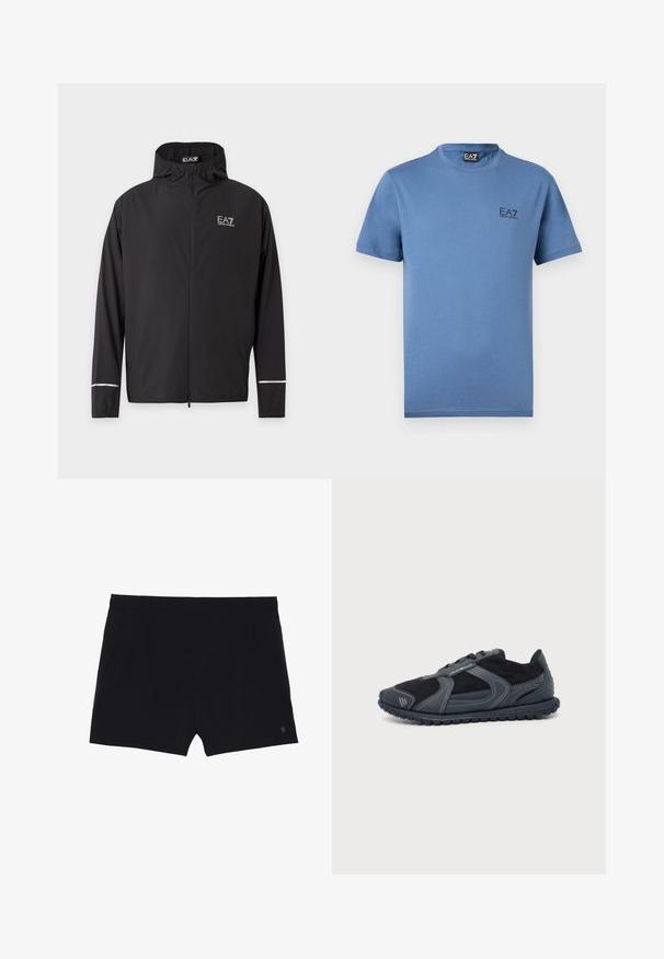 Čierna kapucňová bunda na zips s logom EA7 Emporio Armani na hrudi a reflexnými pruhmi pri manžetách rukávov.; Modré tričko s krátkym rukávom a okrúhlym výstrihom, s malým čiernym logom EA7 Emporio Armani na ľavej strane hrudníka a štítkom vo vnútri goliera.; Čierne športové šortky s hladkým povrchom, elastickým pásom a dvoma bočnými vreckami. Na spodnej pravej strane sa nachádza malé logo.; Čierno-sivá nízka teniska s textúrovanou podrážkou a logom na boku, zobrazená z vonkajšej strany na bielom jednoduchom pozadí.