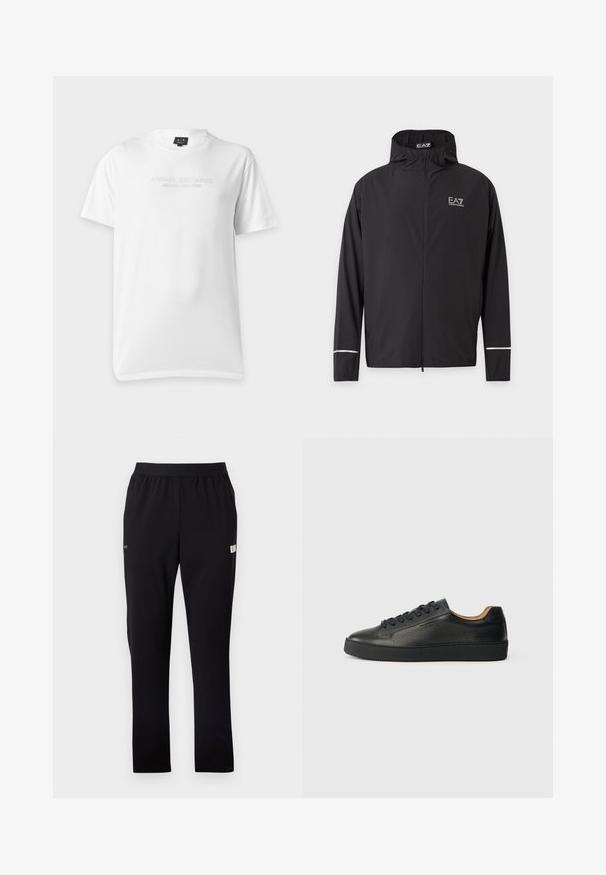 Veste noire à capuche avec fermeture éclair, logo EA7 Emporio Armani sur la poitrine et bandes réfléchissantes près des poignets.; T-shirt blanc à manches courtes avec col rond et texte en relief « Armani Exchange Milano New York » sur la poitrine.; Pantalon de sport noir en matériau lisse et extensible. Dispose d'une ceinture élastique et de poches latérales. Design simple à jambes droites.; Baskets basses en cuir noir avec surface texturée, lacets noirs et semelle en caoutchouc épaisse, présentées de côté sur un fond clair.