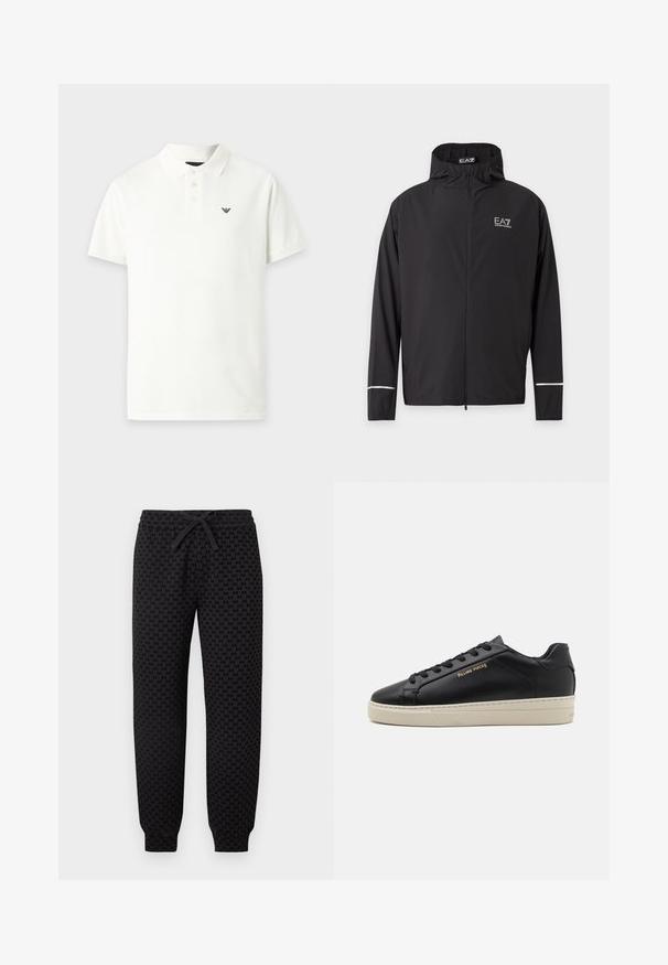 Veste noire à capuche avec fermeture éclair, logo EA7 Emporio Armani sur la poitrine et bandes réfléchissantes près des poignets.; Polo blanc à manches courtes avec trois boutons et un petit logo noir sur le côté gauche de la poitrine.; Pantalon de jogging noir avec poignets et taille élastiques, présentant un motif subtil "AX" sur l'ensemble et un cordon noué à la taille.; Sneaker en cuir noir avec une finition lisse, semelle crème contrastante, bout arrondi, logo doré sur le côté et six œillets pour les lacets.