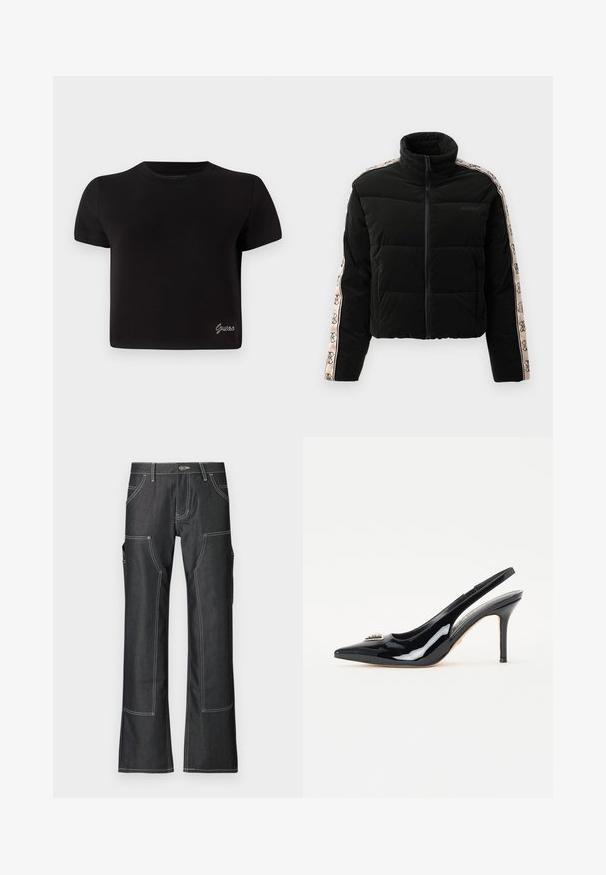 Veste doudoune noire avec un col montant, fermeture éclair, et des manches à motifs avec un accent logo beige. Design matelassé horizontal.; T-shirt noir à manches courtes en coton. Il présente un col rond et un petit logo "Guess" en argent en bas à gauche.; Pantalons cargo en denim sombre avec des coutures contrastées blanches, comportant plusieurs poches et un design à jambes évasées. Tissu durable et fermeture à bouton en métal.; Escarpins à talons slingback en cuir verni noir avec un bout pointu, un talon aiguille élancé et un ornement décoratif sur la tige.