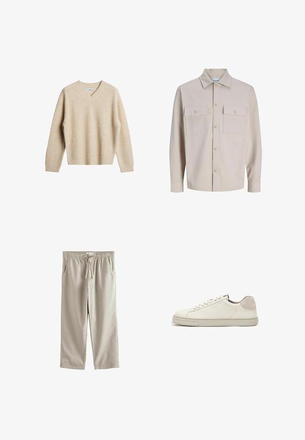 Beige blouse met lange mouwen en knopen, twee borstzakken met knopen en een klassieke kraag, gemaakt van gestructureerde stof.; Beige, geribbelde trui met V-hals en lange mouwen. Heeft een ontspannen pasvorm en een gestructureerde stof voor extra warmte en comfort.; Beige casual broek met elastische tailleband, koordsluiting, zijzakken, rechte pijpen en knoopsluiting aan de voorkant.; Witte leren lage sneaker met witte veters, licht gestructureerde zool en lichtgrijze suède hielpatch, zijaanzicht.