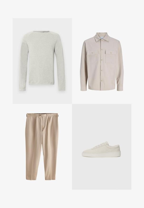Chemise beige à manches longues avec boutons, deux poches poitrine boutonnées et col classique, en tissu texturé.; Chemise à manches longues gris clair avec un col rond, tissu texturé, et manches raglan. Design simple, sans logos ni motifs visibles.; Pantalon beige léger à coupe décontractée, avec plis et fermeture à un seul bouton à la taille. Texture lisse, longueur raccourcie.; Baskets beiges avec une finition en daim lisse, bout rond et semelle en caoutchouc plate. Présentent un système de laçage et un design minimaliste avec des coutures discrètes.