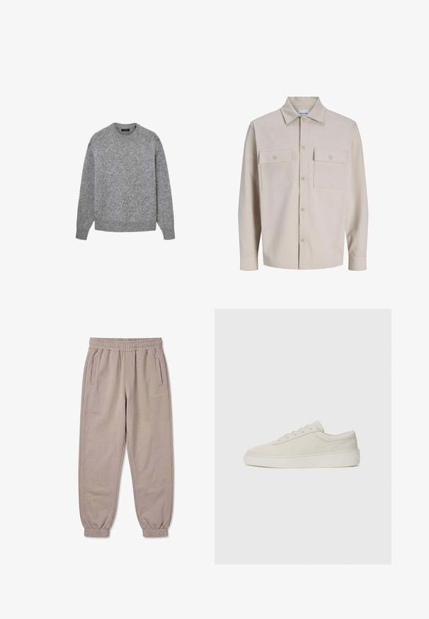 Chemise beige à manches longues avec boutons, deux poches poitrine boutonnées et col classique, en tissu texturé.; Pull gris à manches longues en maille avec col rond, poignets et ourlet côtelés, présenté sur fond blanc.; Pantalon de jogging beige avec taille et poignets élastiques, poches latérales et petit logo "PECADOR" sur la cuisse droite.; Baskets beiges avec une finition en daim lisse, bout rond et semelle en caoutchouc plate. Présentent un système de laçage et un design minimaliste avec des coutures discrètes.