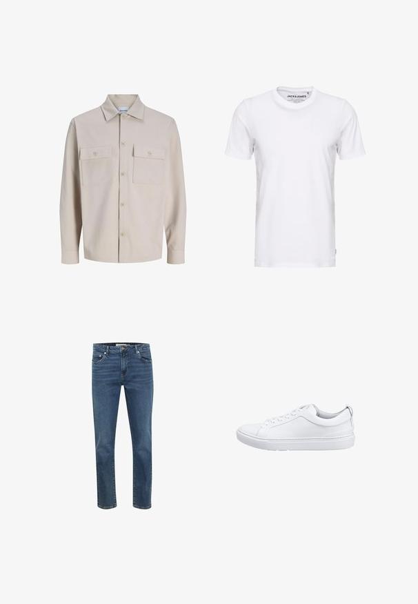 Beiges Langarmhemd mit Knopfleiste, zwei aufgesetzten Brusttaschen mit Knöpfen und klassischem Kragen aus strukturiertem Stoff.; Weißes T-Shirt mit kurzen Ärmeln aus Baumwolle, mit Rundhalsausschnitt und einem schlichten Design. Markentag im Nackenbereich sichtbar. Keine Muster oder Verzierungen.; Dunkelblaue Jeans aus Denim mit geradem Schnitt, fünf Taschen und kontrastierenden Nähten. Verfügbar mit einem Reißverschluss und einem Metallknopf am Bund.; Weiße Leder-Sneaker mit glatter Textur, abgerundeter Zehenpartie, flacher Gummi-Sohle und diskretem Logo an der Seite. Die Schnürsenkel verlaufen durch sechs Ösen.