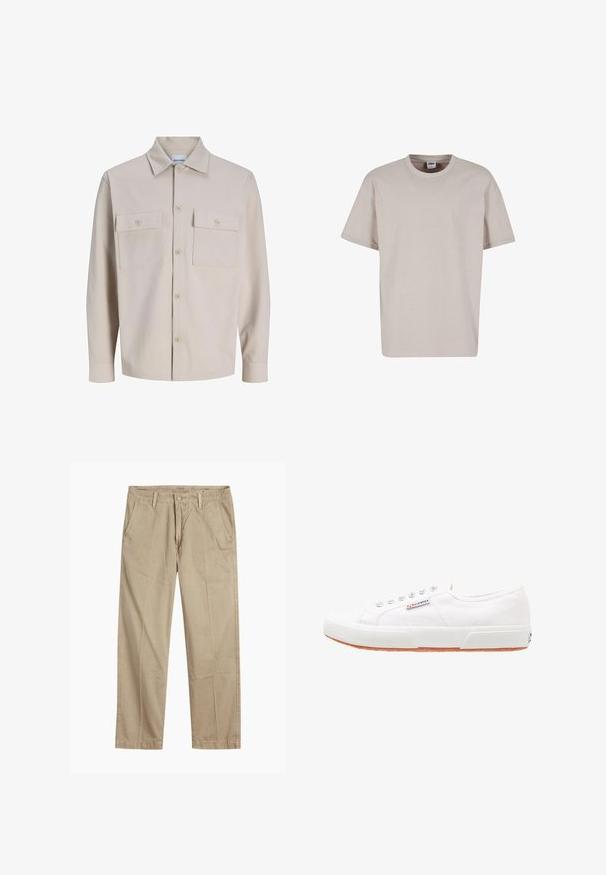 Beige blouse met lange mouwen en knopen, twee borstzakken met knopen en een klassieke kraag, gemaakt van gestructureerde stof.; Urban Classics CUFF TEE - T-shirt basic - cloud; Beige rechte pijpen chinos met riemlussen, voorkant met knoop en rits sluiting, en schuine voorzakken.; Witte canvas sneakers met een rubberen zool, vetersluiting en een klein logolabel aan de zijkant. Gewreven wit bovenwerk en een bruine zool.