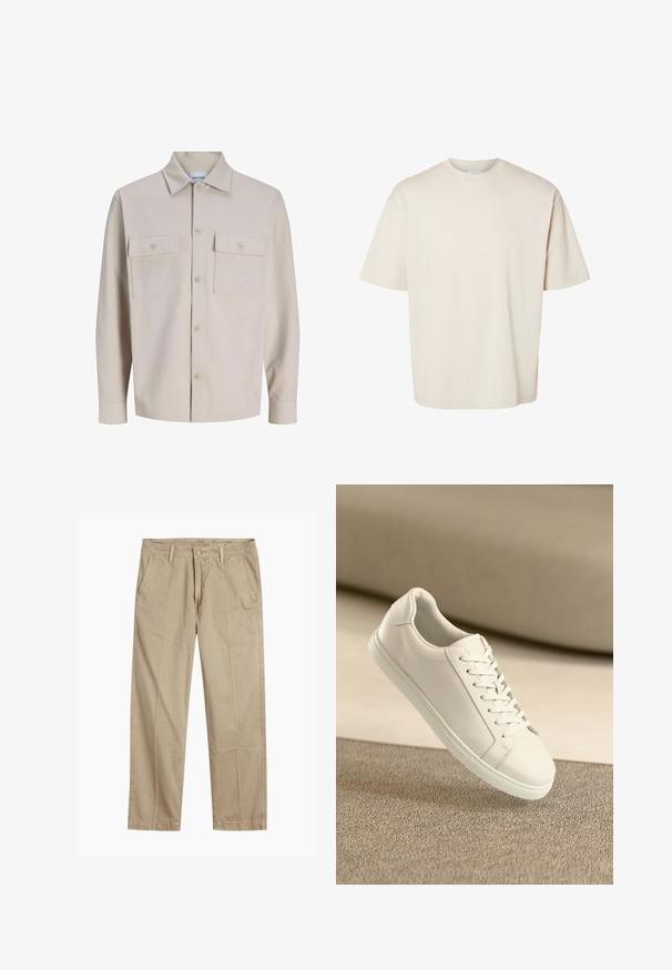 Chemise beige à manches longues avec boutons, deux poches poitrine boutonnées et col classique, en tissu texturé.; T-shirt en coton beige uni, manches courtes, oversize, col rond, présenté à plat sur fond blanc.; Chinos beiges à jambes droites avec passants de ceinture, fermeture par bouton et fermeture éclair à l'avant, et poches avant en biais.; Baskets en cuir blanc avec des lacets blancs, exposées sur une surface beige texturée et avec un arrière-plan flou doux.