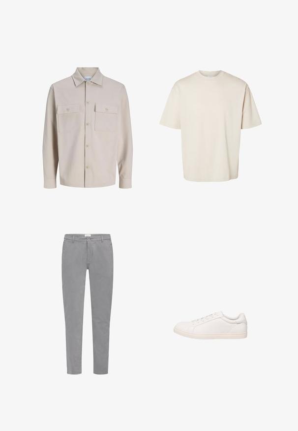 Chemise beige à manches longues avec boutons, deux poches poitrine boutonnées et col classique, en tissu texturé.; T-shirt en coton beige uni, manches courtes, oversize, col rond, présenté à plat sur fond blanc.; Chinos en coton gris avec une coupe ajustée, poches avant, fermeture par bouton et passants pour ceinture. Texture lisse avec des détails de design minimalistes.; Baskets basses blanches avec fermeture à lacets et semelle plate, montrées en profil latéral sur fond blanc.