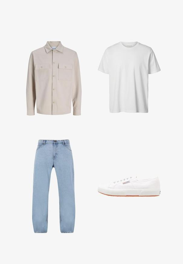 Beiges Langarmhemd mit Knopfleiste, zwei aufgesetzten Brusttaschen mit Knöpfen und klassischem Kragen aus strukturiertem Stoff.; Schlichtes weißes T-Shirt mit kurzen Ärmeln und Rundhalsausschnitt, lässiger Passform und ohne sichtbare Logos oder Designs auf der Vorderseite.; Hellblaue Denim-Jeans im Straight-Leg-Design, ausgestattet mit vier Taschen, einem Reißverschluss und goldenen Nähdetails.; Weiße Leinensneaker mit Gummisohle, Schnürdesign und einem kleinen Logolabel an der Seite. Strukturierte weiße Oberseite und braune Außensohle.