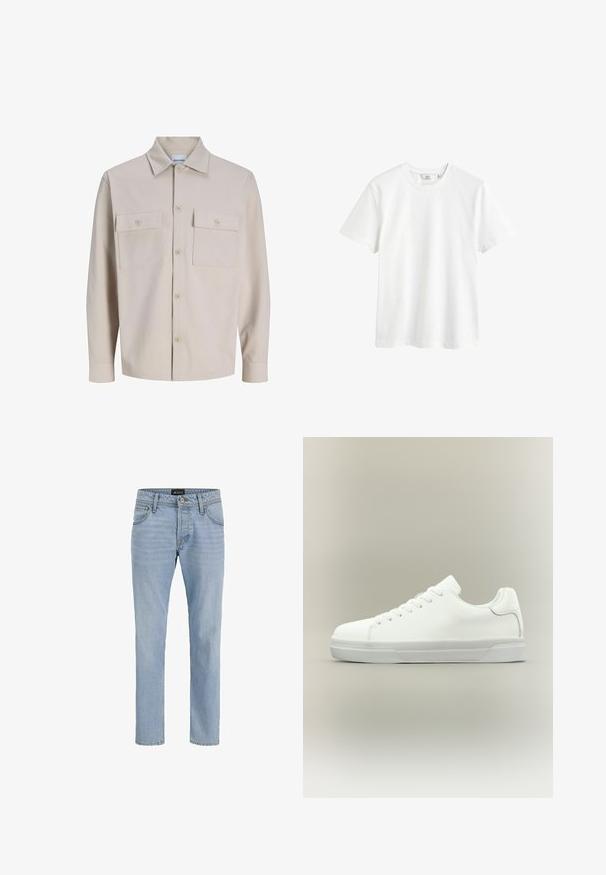 Beiges Langarmhemd mit Knopfleiste, zwei aufgesetzten Brusttaschen mit Knöpfen und klassischem Kragen aus strukturiertem Stoff.; Weißes Baumwoll-T-Shirt mit Rundhalsausschnitt, kurzen Ärmeln und lässiger Passform. Glatte Textur und keine sichtbaren Muster oder Akzente.; Helle blaue Denim-Jeans mit schlankem Schnitt, Fünf-Taschen-Design, subtiler verblasster Textur und Metallbeschlägen am Reißverschluss und der Knopfleiste.; Weißer Sneaker in niedriger Schnittform mit Schnürung vorne, gepolstertem Kragen und strukturiertem Gummisohle, seitlich auf neutralem Hintergrund dargestellt.