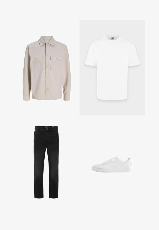Chemise beige à manches longues avec boutons, deux poches poitrine boutonnées et col classique, en tissu texturé.; T-shirt blanc uni en coton à manches courtes et col rond présenté sur un fond gris clair.; Jean en denim noir avec une coupe droite. Comprend cinq poches, une fermeture à bouton et une texture subtile. Fini propre et classique.; Baskets basses blanches avec lacets, dessus en cuir lisse et semelle extérieure en caoutchouc plate, vues de côté sur fond blanc.