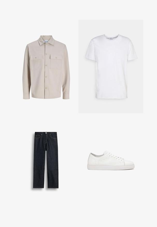 Beige blouse met lange mouwen en knopen, twee borstzakken met knopen en een klassieke kraag, gemaakt van gestructureerde stof.; Witte t-shirt met korte mouwen, gemaakt van katoen. Heeft een ronde halslijn en een comfortabele pasvorm zonder zichtbare patronen of accessoires.; Donkerblauwe recht gesneden spijkerbroek met voorvak, rits en ontwerp met vijf zakken op een witte achtergrond.; Witte leren sneakers met een gladde textuur, ronde neus, vetersluiting en subtiele stikselaccenten op een platte rubberen zool.
