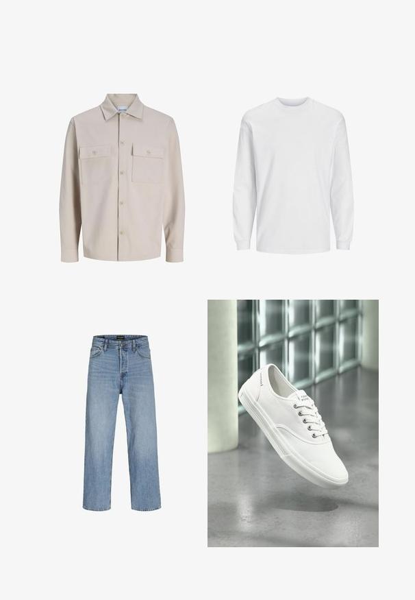 Chemise beige à manches longues avec boutons, deux poches poitrine boutonnées et col classique, en tissu texturé.; T-shirt blanc à manches longues en coton. Présente un col rond et un design uni sans motifs ni accents. Texture douce et lisse.; Jean en denim bleu clair avec une taille haute, une coupe droite, cinq poches et une fermeture à bouton. Lavage classique avec un léger effet usé.; Baskets basses blanches en toile avec lacets, étiquetées Tommy Hilfiger, montrées flottant au-dessus d’un sol gris lisse près d’un mur en briques de verre.