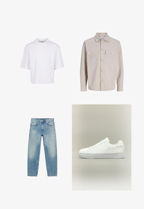 Beige blouse met lange mouwen en knopen, twee borstzakken met knopen en een klassieke kraag, gemaakt van gestructureerde stof.; Witte, kortekorte t-shirt met een ronde hals en een ontspannen pasvorm, gemaakt van een zachte katoenmix. Geen patronen of versieringen.; Jeans met rechte pijpen van blauwe denim, met voorzakken en riemlussen, met lichte vervaagde details op dijen en knieën.; Witte lage sneaker met veters aan de voorkant, gevoerde kraag en gerubberde zool met textuur, zijaanzicht op een neutrale achtergrond.