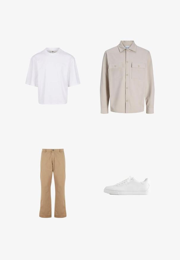 Beiges Langarmhemd mit Knopfleiste, zwei aufgesetzten Brusttaschen mit Knöpfen und klassischem Kragen aus strukturiertem Stoff.; Weißes Kurzarm-T-Shirt mit Rundhalsausschnitt und lockerer Passform, gefertigt aus einem glatten Baumwollmischgewebe. Keine Muster oder Verzierungen.; Beige Baumwollhosen mit geradem Schnitt, ausgestattet mit einem Knopfverschluss, Vordertaschen und einer glatten Textur.; Weißer Low-Top-Sneaker mit Schnürsenkeln, glattem Lederobermaterial und flacher Gummisohle, seitlich auf weißem Hintergrund gezeigt.