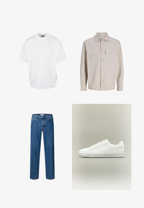 Chemise beige à manches longues avec boutons, deux poches poitrine boutonnées et col classique, en tissu texturé.; T-shirt en coton blanc avec une coupe décontractée, des manches courtes et un col rond, présentant un ourlet droit et sans graphiques ni motifs visibles.; Jean droit bleu en denim avec fermeture par bouton et fermeture éclair, passants de ceinture et design cinq poches.; Baskets blanches basses à lacets sur l'avant avec semelle en caoutchouc texturée, sur fond neutre uni.