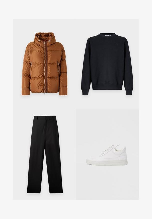 Iceberg PIUMINO - Dunjakker - nocciola; Sort sweatshirt lavet af bomuldsblend. Rund halsudskæring, lange ærmer, ribstrikkede manchetter og kant. Diskret logo på brystet.; Sorte bukser lavet af bomuld med lige ben-design, der har en frontknaplukning og sidelommer. Glat tekstur, ingen mønstre.; Hvid lædersneaker med rundet tå, flad sål og snørebånd foran. Har syningsdetaljer og polstret krave for komfort.