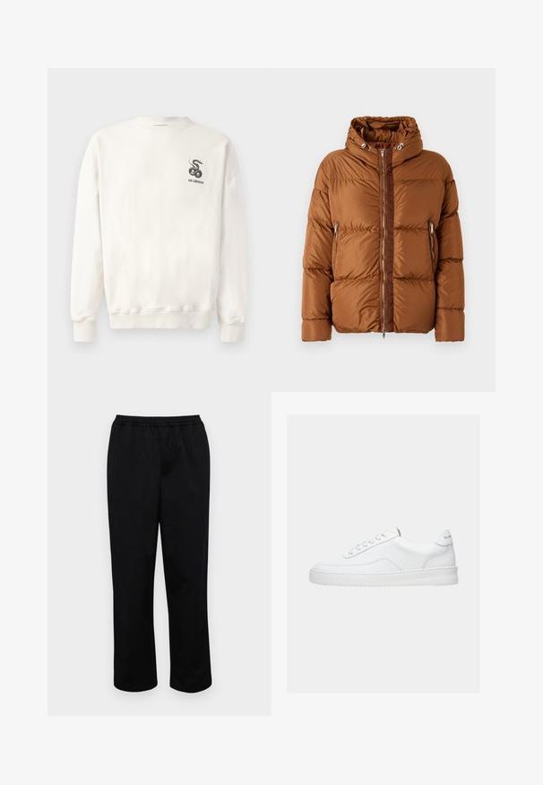 Iceberg PIUMINO - Doudoune - nocciola; Sweatshirt en coton blanc avec col rond, poignets et ourlet côtelés, arborant un graphique de serpent noir et le texte "HAN KJØBENHAVN" sur la poitrine.; Pantalons noirs mi-longs avec une taille élastique. Fabriqués en tissu lisse, présentant une coupe décontractée et sans poches ni embellissements visibles.; Baskets basses blanches avec un design à lacets, dessus en cuir lisse et semelle épaisse, montrées de profil sur un fond uni.