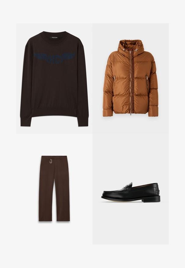 Iceberg PIUMINO - Doudoune - nocciola; Pull en maille marron foncé à manches longues avec des bords-côtes aux poignets et à l'ourlet, arborant un logo "RC" bleu marine à ailes sur la poitrine et un col rond.; Pantalon brun foncé à jambes droites avec passants pour ceinture et un petit mousqueton argenté attaché à la taille.; Mocassin homme en cuir noir avec un petit talon et une couture de style mocassin sur l'avant, vu de côté sur un fond uni.