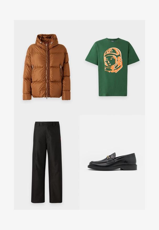 Iceberg PIUMINO - Dunjakker - nocciola; Grøn bomulds t-shirt med et stort orange astronaut grafik på fronten, med korte ærmer og en afslappet pasform.; Sorte bukser med bred benvidde lavet af glat stof, med flad front, bæltestropper og to sidelommer. Rød logoaccent på siden.; Sorte læder loafers med en rund tå, der har guld hardware accent og syningsdetaljer, placeret på en lav, tekstureret gummisål.