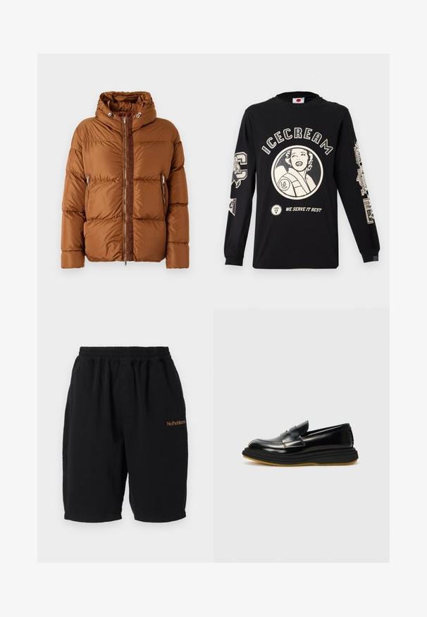 Iceberg PIUMINO - Doudoune - nocciola; T-shirt en coton noir à manches longues avec des graphismes imprimés crème, incluant le texte "ICECREAM" et un dessin circulaire avec le visage d'une femme.; Shorts en coton noirs avec une taille élastique, coupe droite et poches latérales. Présente l'inscription "No Problemo" brodée en orange sur le devant.; Mocassins en cuir noir au design structuré, avec un panneau avant surélevé, des détails en couture et une semelle en caoutchouc épaisse et texturée.