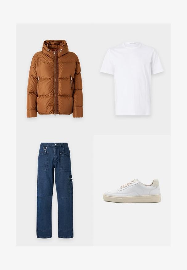 Iceberg PIUMINO - Dunjakker - nocciola; Hvid bomulds t-shirt med rund halsudskæring og korte ærmer. Glat tekstur, lige snit og minimalistisk design uden mønstre eller accenter.; Mørkeblå denim cargo bukser med lige snit, der har flere lommer, metalbeslag og kontraststikningsdetaljer.; Hvide sneakers med en glat læderoverdel, beige snørebånd og en tekstureret beige ruskindsheel-tab. Hævet sål for ekstra højde.