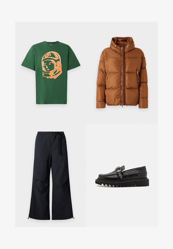 Iceberg PIUMINO - Dunjakker - nocciola; Grøn bomulds t-shirt med et stort orange astronaut grafik på fronten, med korte ærmer og en afslappet pasform.; Sorte bukser med vide ben lavet af letvægtstof. Har bælte, to store sidelommer og justerbare kanter med snorlås.; Sorte læder loafers med sølv hardware detaljer, en forhøjet zigzag sål og et slankt, afrundet design; glat tekstur og blank finish.