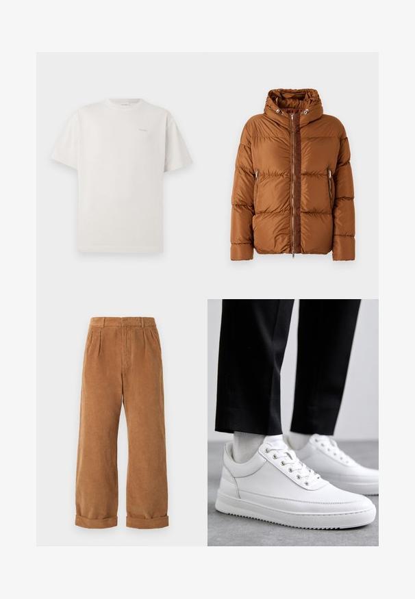 Iceberg PIUMINO - Daunenjacke - nocciola; CLOSED LOGO - T-Shirt basic - blush pink; Braune Cordhosen mit einem weit geschnittenen Design, ausgestattet mit vorderen Falten und aufgerollten Säumen. Der Stoff hat ein strukturiertes, geripptes Aussehen.; Weiße Leder-Sneaker mit flacher Gummisohle, ausgestattet mit einer glatten Oberfläche, runder Zehenpartie und Metallösen für die Schnürsenkel. Getragen mit schwarzen Hosen.