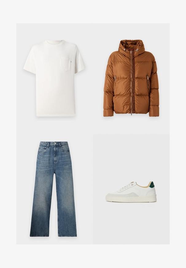 Iceberg PIUMINO - Chaqueta de plumas - nocciola; Camiseta de algodón blanca con mangas cortas, cuello redondo y bolsillo en el pecho. Textura suave y diseño minimalista. Sin patrones o acentos visibles.; Jeans de mezclilla azul de pierna ancha con cintura alta, que presentan un desgaste sutil, cinco bolsillos y un cierre de botón metálico en la parte delantera.; Zapatilla blanca con acentos de ante, puntera redondeada, cordones planos y suela de goma color crema. Presenta un logo verde en el talón.