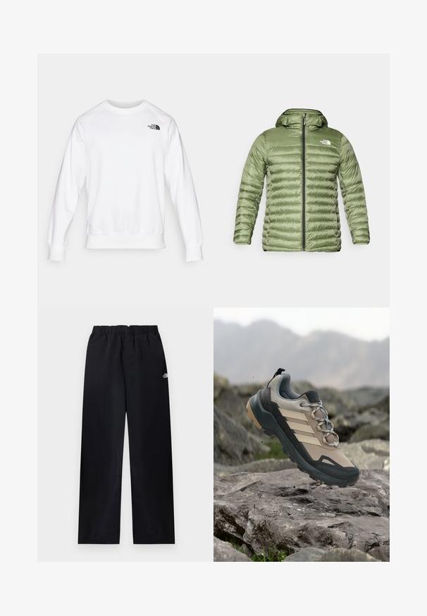 Doudoune vert olive avec capuche, présentant un design matelassé, une fermeture éclair et un accent de logo sur le côté supérieur gauche.; Sweatshirt blanc avec un col ras du cou, de longues manches raglan, des poignets et un ourlet côtelés, avec un petit logo noir sur le coin supérieur gauche de la poitrine.; Pantalon droit à taille élastique noire avec petit logo blanc sur la partie supérieure de la cuisse droite, présenté à plat sur un fond clair.; Chaussure de randonnée beige et grise avec semelle noire et rayures, suspendue au-dessus d'un terrain rocheux avec un paysage montagneux flou en arrière-plan.