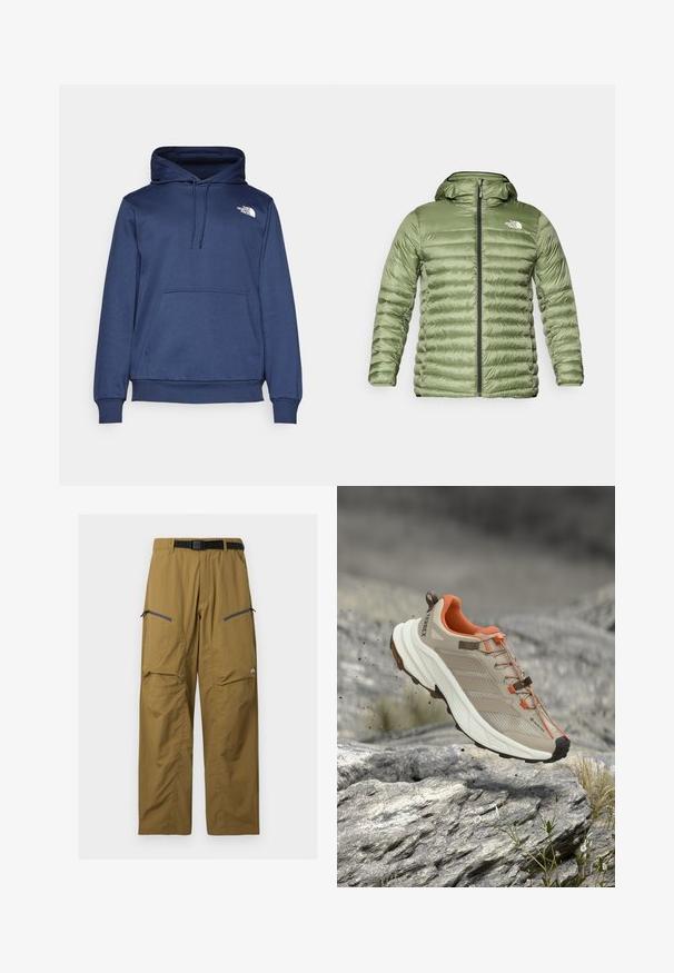 Oliven grøn pufferjakke med hætte, med et quiltet design, lynlåslukning og logoaccent på den øverste venstre side.; Marineblå hættetrøje lavet af blødt stof, med en forreste kængurulomme, justerbar snørehætte og et lille hvidt logo på brystet.; Khaki udendørs bukser med sort justerbart bælte, to lynlåslommer på låret og knæsyninger, vist på en ensfarvet baggrund.; Beige og orange vandresko med tyk sål, GORE-TEX-mærke og "TERREX"-branding, vist over klippefyldt terræn.