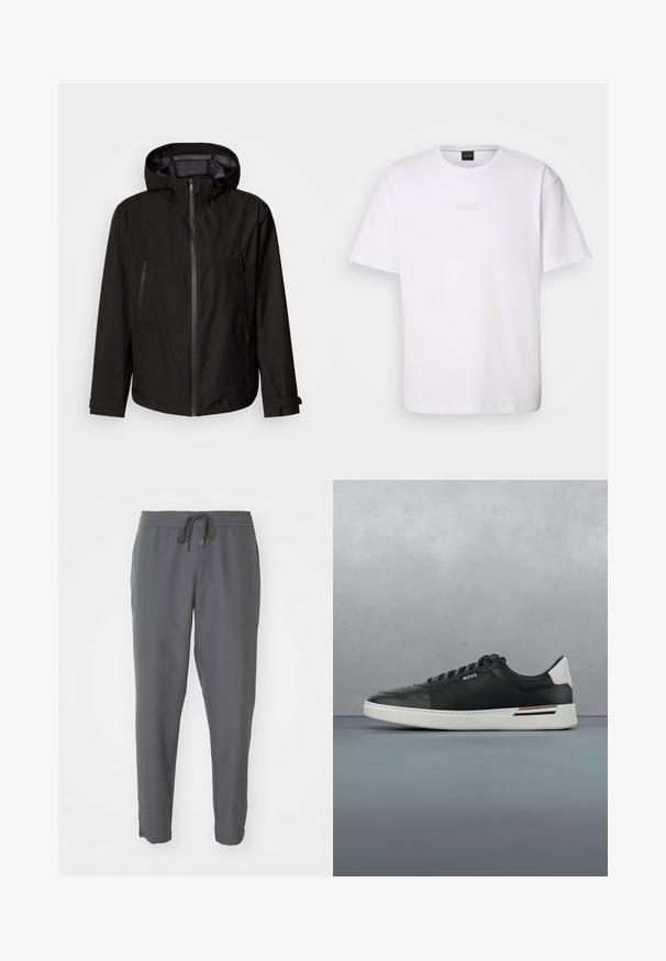 Sort letvægtsjakke med hætte, lynlås lukning, to lynlåslommer på siden og justerbare manchetter. Glat tekstur, moderne design.; Hvid bomulds T-shirt med korte ærmer, rund halsudskæring og præget "BOSS" logo på brystet. Glat tekstur, standard pasform.; Grå joggebukser lavet af glat stof, med elastisk talje og snøre, tætsiddende ben og sidelommer.; Sort lædersneaker med hvid sål, har perforeringer, snørebåndsdesign, logo på siden og kontrasterende hældetalje i hvid og brun.