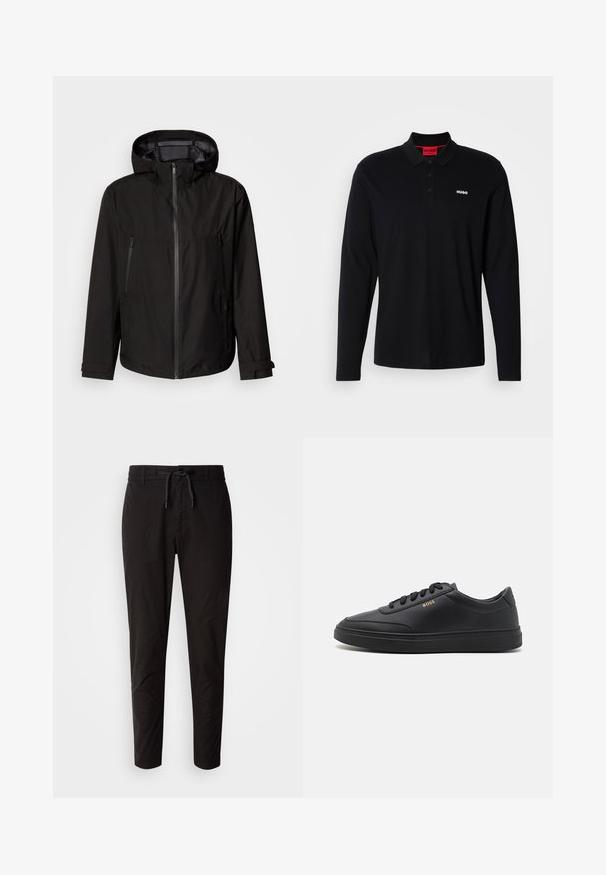 Chaqueta ligera negra con capucha, cierre de cremallera, dos bolsillos laterales con cremallera y tiras ajustables en los puños. Textura suave, diseño moderno.; Camisa polo negra de manga larga hecha de algodón, con un cuello rojo y una tapeta de tres botones, y un logo blanco "HUGO" en el pecho.; Pantalones negros con cinturilla elástica y cordón, que presentan un ajuste estrecho y afilado y una tela suave y ligera.; Zapatillas de cuero negro con una textura suave, punta redondeada, suela plana de goma y cordones a tono. Presentan el logotipo dorado "BOSS" en el lateral.