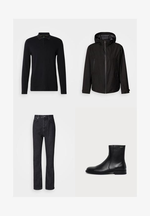 Schwarze leichte Jacke mit Kapuze, Reißverschluss, zwei Reißverschlusstaschen an den Seiten und verstellbaren Ärmelriemen. Glatte Textur, modernes Design.; Schwarzes Langarm-Polohemd aus glattem Stoff. Verfügt über einen Kragen, eine Dreiknopfleiste und ein dezentes Logo auf der Brust.; Hochtaillierte schwarze Jeans aus Denim mit Knopf- und Reißverschluss, Vorder- und Hintertaschen sowie einer geraden Passform.; Schwarzer Leder-Stiefelette mit niedrigem Absatz, seitlichem Reißverschluss und kleinem "HUGO"-Logo nahe dem oberen Rand auf hellem einfarbigem Hintergrund.
