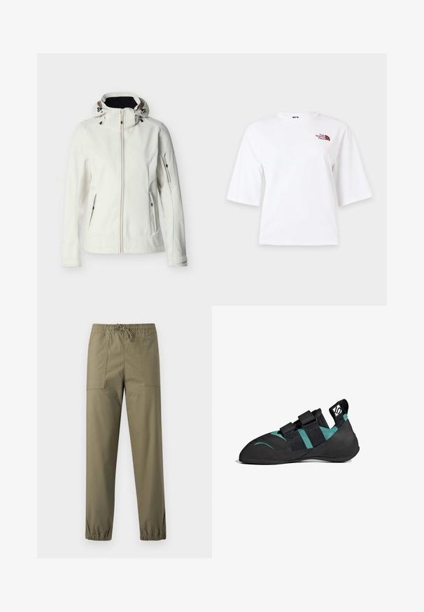 Chaqueta softshell blanca para mujer con capucha, cremallera frontal, dos bolsillos laterales con cremallera y un bolsillo con cremallera en la manga izquierda, mostrada extendida sobre un fondo blanco.; Camiseta blanca de manga corta con cuello redondo y pequeño logo "The North Face" color burdeos en la parte superior izquierda del pecho.; Pantalones verde oliva hechos de una tela suave con cintura elástica, cordón ajustable y puños elásticos en los tobillos.; Zapato de escalada negro con punta afilada, doble correa de Velcro, acentos en verde esmeralda y suela de goma texturizada para un mejor agarre.