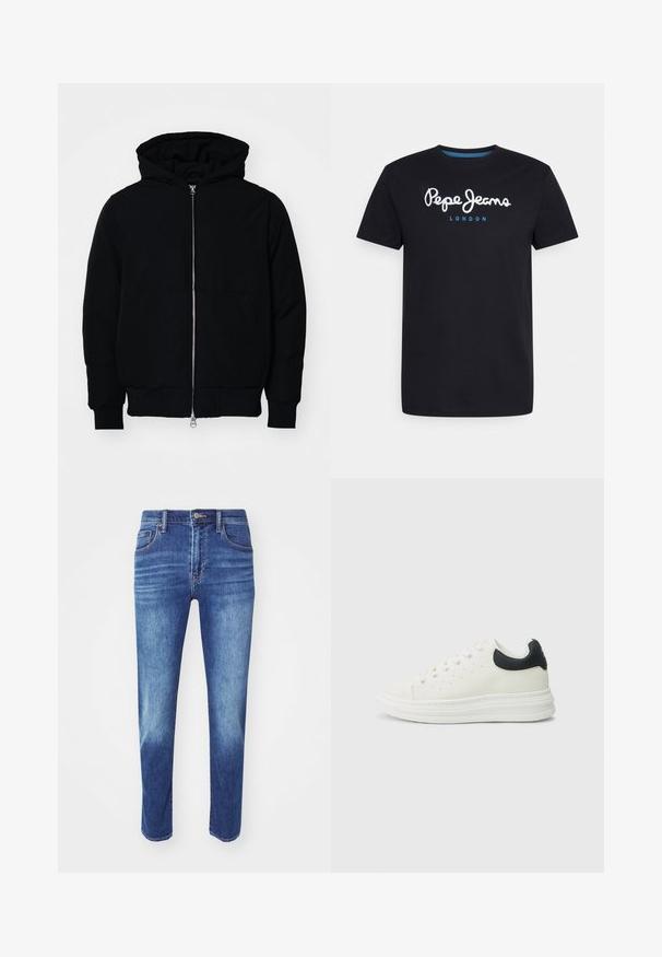 Sort hættejakke med frontlynlås, kængurulomme, ribbede manchetter og kant, præsenteret på en ensfarvet hvid baggrund.; Sort bomulds T-shirt med et hvidt skriftskriftlogo "Pepe Jeans" med en blå accent, rund hals og korte ærmer. Enkel, ensfarvet design.; Blå denimjeans med lige skæring, fem-lomme design og klassisk knaplukning. Har subtil fading og broderede detaljer.; Hvid lædersneaker med sort hælafslutning, rund tå, flad hvid sål og snørelukning. Minimale perforeringer på siderne.