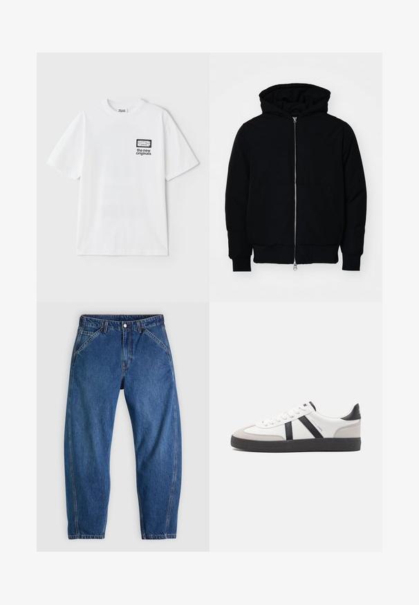Zwarte hoodie met rits aan de voorkant, kangoeroe-pocket, geribbelde manchetten en zoom, weergegeven op een effen witte achtergrond.; Witte katoenen t-shirt met korte mouwen, voorzien van een rechthoekige grafische zakprint en de tekst "de nieuwe origineel" in het zwart.; Blauwe spijkerbroek met een ontspannen pasvorm, voorzien van een knoopsluiting, vijf zakken en contrasterende oranje stiksels. Gladde textuur over het hele oppervlak.; Witte sneaker met zwarte en grijze accenten, voorzien van een grijze neus met textuur, zwarte rubberen zool en platte witte veters. Schoon ontwerp, minimalistische stijl.