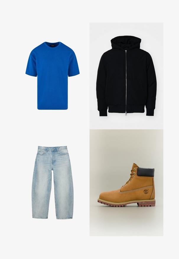 Veste à capuche noire avec fermeture éclair sur le devant, poche kangourou, poignets et ourlet côtelés, présentée sur un fond blanc uni.; T-shirt bleu à manches courtes en coton, avec un col rond classique et une coupe décontractée. Texture lisse sans motifs ni accents visibles.; Jean en denim bleu clair à jambes larges avec poches avant, passants pour ceinture et fermeture par bouton.; Bottine en cuir marron avec col noir, lacets jaunes et semelle beige. Présente un logo et des détails de couture blanche. Semelle extérieure à traction robuste.