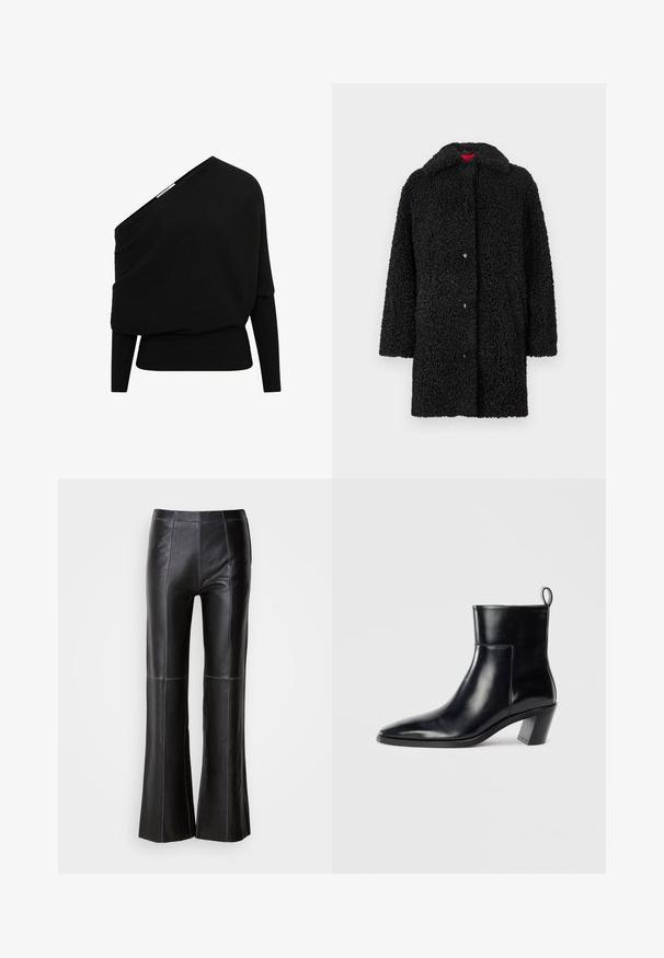 Manteau noir duveteux en matière texturée imitant la fourrure, fermeture par boutons et large col cranté. Comprend des manches longues et une coupe arrivant aux hanches.; Pull noir côtelé avec un design asymétrique décolleté, des manches longues et un tissu texturé. Présente un ourlet inférieur ajusté.; Pantalon évasé en cuir noir avec surpiqûres contrastantes bleues, texture lisse, taille haute et silhouette ajustée.; Bottine en cuir noir avec un bout pointu, un talon empilé géométrique et une languette à l'arrière. Texture lisse et design épuré.