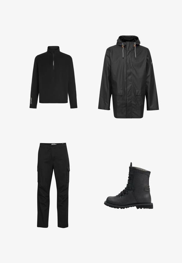 Veste de pluie noire imperméable avec capuche, boutons-pression, deux poches avant et cordons de serrage contrastants. Texture lisse et brillante.; Le pull en molleton noir présente un col zippé sur un quart, des manches longues et un logo Polartec sur la manche gauche pour une isolation et un confort optimal.; Pantalon cargo noir avec une taille plate, deux poches latérales et une coupe regular. Fabriqué en tissu résistant, conçu pour la polyvalence et l'utilité.; Botte de randonnée en cuir noir avec finition texturée, col rembourré et épaisse semelle en caoutchouc. Équipée d'œillets en métal et de accents noirs contrastants.