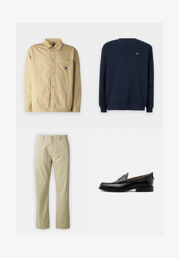 Veste khaki à boutons avec un col en velours côtelé, une poche frontale et des boutons-pression argentés. Présente un petit écusson logo sur la poche poitrine.; Sweatshirt bleu marine en coton, avec un col rond, des poignets côtelés et un petit logo sur la poitrine. Texture lisse.; Pantalon en coton beige avec une coupe droite, fermeture à bouton sur le devant et passants de ceinture. Texture lisse, sans motifs ou accents visibles.; Mocassin homme en cuir noir avec couture moc toe, bride penny, col texturé et petit talon empilé sur fond blanc.