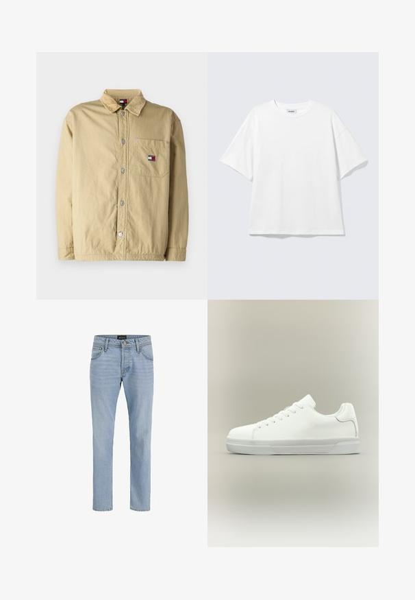 Khakifarbene, knöpfbare Jacke mit einem Cordkragen, Fronttasche und silbernen Druckknöpfen. Mit einem kleinen Logo-Patch auf der Brusttasche.; Weißes oversized T-Shirt mit kurzen Ärmeln und Rundhalsausschnitt mit eingesetzten Schultern, flach auf hellgrauem Hintergrund.; Helle blaue Denim-Jeans mit schlankem Schnitt, Fünf-Taschen-Design, subtiler verblasster Textur und Metallbeschlägen am Reißverschluss und der Knopfleiste.; Weißer Sneaker in niedriger Schnittform mit Schnürung vorne, gepolstertem Kragen und strukturiertem Gummisohle, seitlich auf neutralem Hintergrund dargestellt.