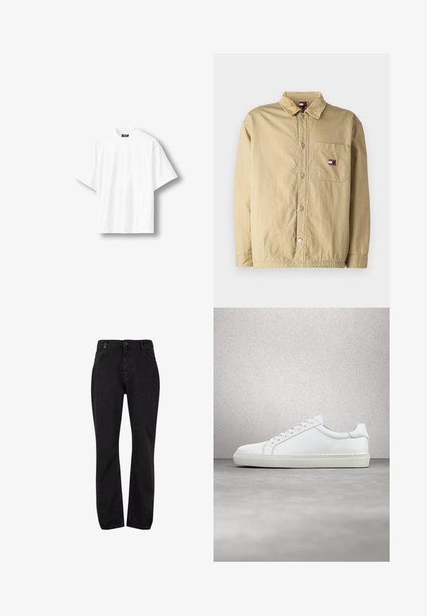 Khaki bunda na gombíky s manžetovým golierom, prednou vreckom a striebornými cvočkami. Obsahuje malú logo nášivku na vrecku na prsiach.; Jednofarebné biele oversized tričko s krátkym rukávom a okrúhlym výstrihom, so čiernou nálepkou na vnútornej zadnej strane goliera, zobrazené na svetlom pozadí.; Čierne džínsy z denimu so strihom rovného nohavice, s gombíkovým uzatváraním a klasickým päťvreckovým dizajnom. Materiál je mäkký a má hladkú textúru.; Biele tenisky s hladkým koženým zvrškom a nízkym profilom. Majú zaoblenú špičku, šesť očiek a štruktúrovanú gumovú podrážku.