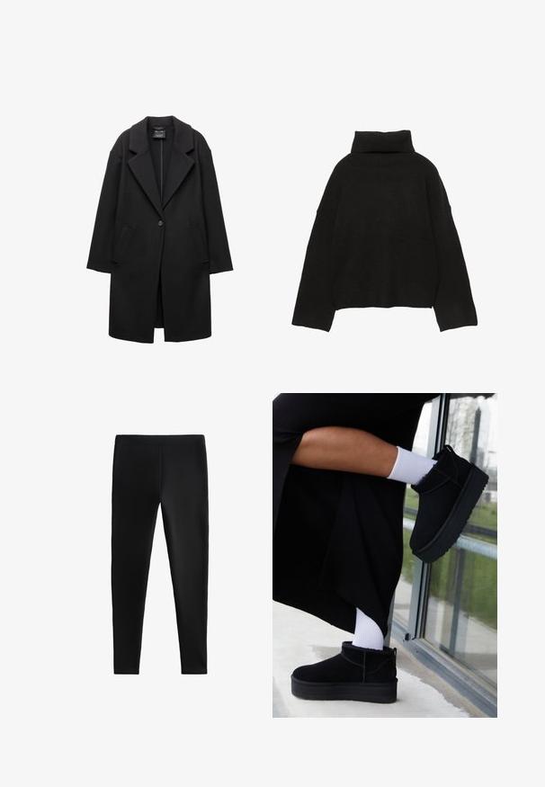 Sort enkeltknap lang frakke med brede revers og to sidelommer, præsenteret på en hvid baggrund.; Sort strikket sweater med en høj, ribstrikket rullekrave og sænkede skuldre. Har en afslappet, firkantet pasform samt ribstrikkede manchetter og kant.; Sorte leggings lavet af strækbart stof, med en tætsiddende design uden synlige sømme eller lommer, velegnet til forskellige aktiviteter.; Sorte suede ankelstøvler med flad sål, med en bageste træksløjfe, båret med hvide ankelstrømper mod en minimalistisk baggrund.